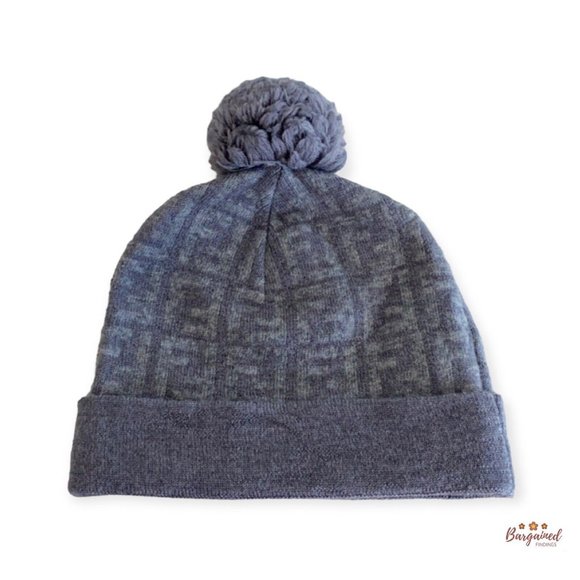 Authentic Fendi Bi-Colored Wool Gray/Light Gray Zucca Monogram PomPon Beanie Hat - Picture 1 of 12